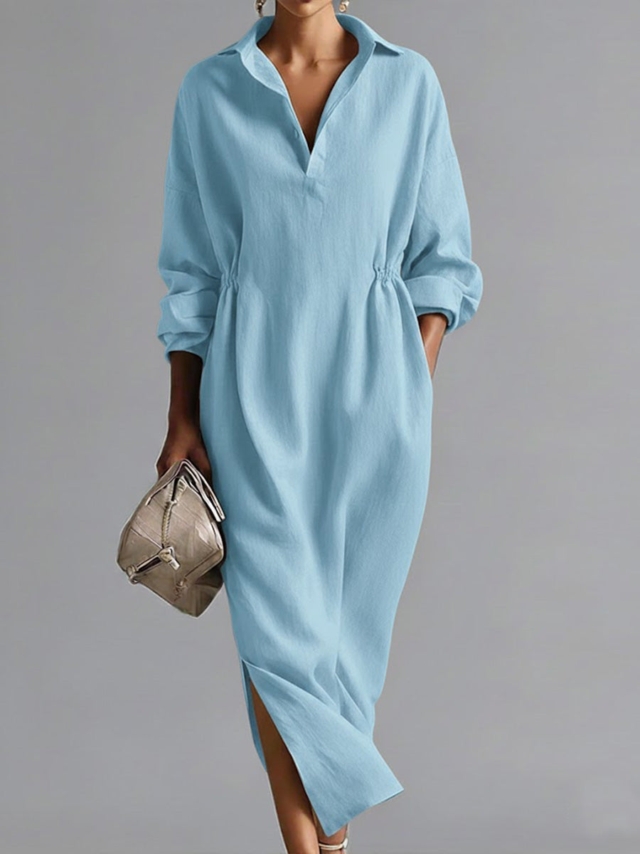 🎁New Arrivals🔥Women's Solid Color Lapel Long-sleeved Casual Loose Cotton Dress