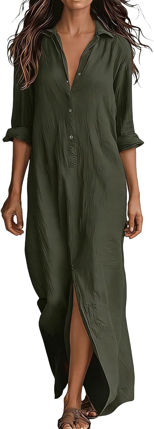 🎁New Arrivals🔥Women's Maxi Dress – 3/4 Sleeve V-Neck Button-Down with Front Split