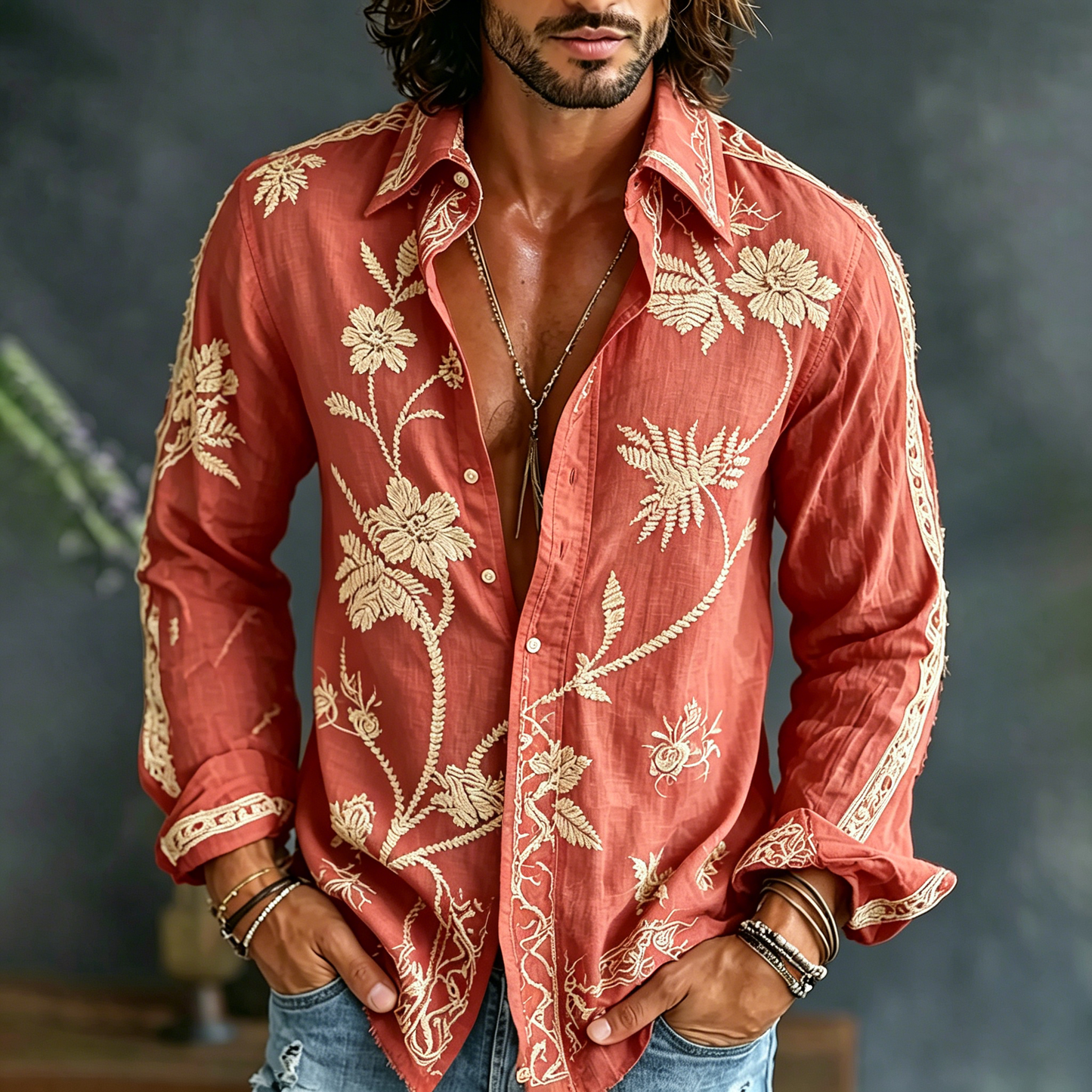 🎁New Arrivals🔥Men's Spring Floral Embroidered Art Print Flowy Linen Blend Casual Shirt
