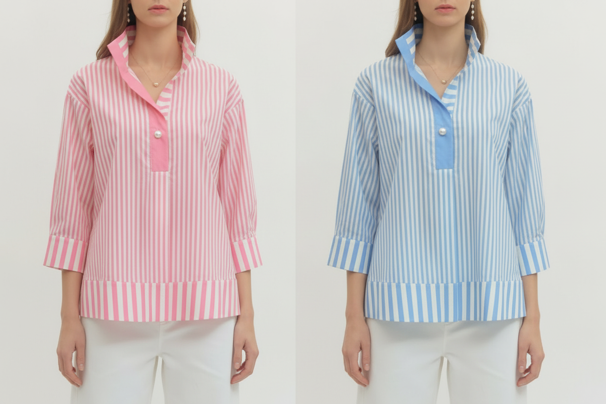 Penny Pearl + Stripe Top – The Chic 100% Cotton Blouse That Turns Heads Without Trying