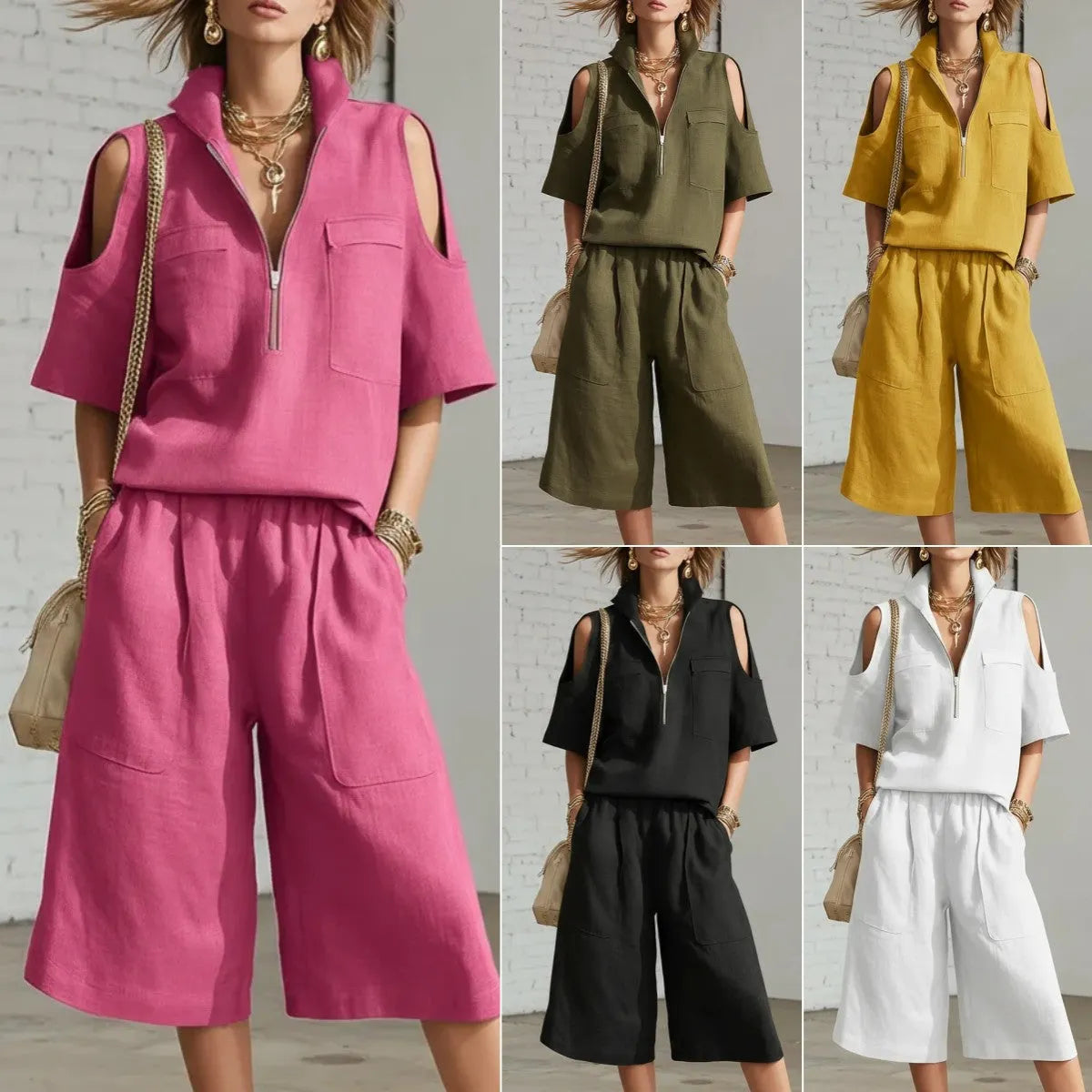 🎁New Arrivals🔥Stand-up Collar Zipper Short-Sleeve Top and Wide-Leg Pants Two-Piece Set