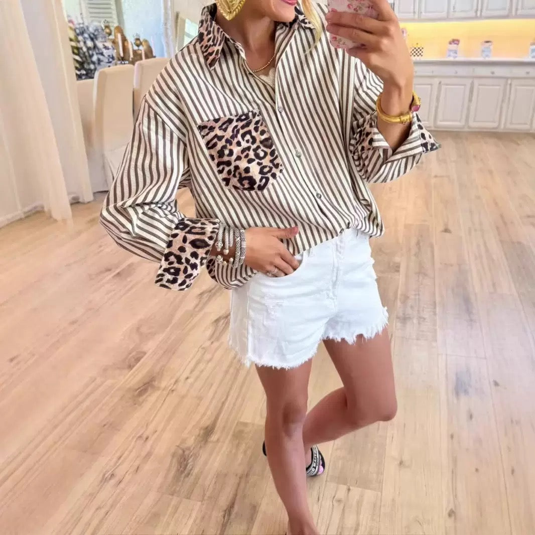 Blue Stripe Leopard Mix Print Top