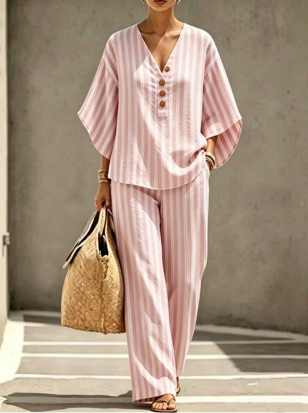 🎁New Arrivals🔥Womens Striped Linen Set 2 Piece V Neck Top Wide Leg Pants Casual Outfit