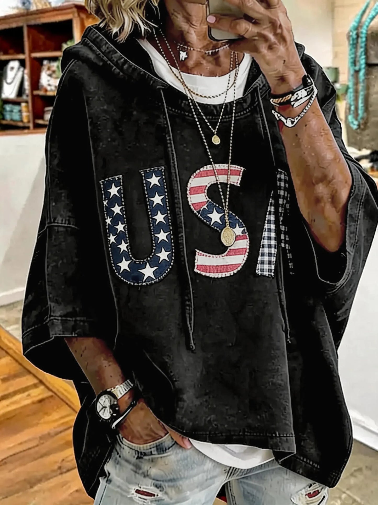 🎁New Arrivals🔥Patriotic Red USA Star Stripe Applique Oversized Hoodie