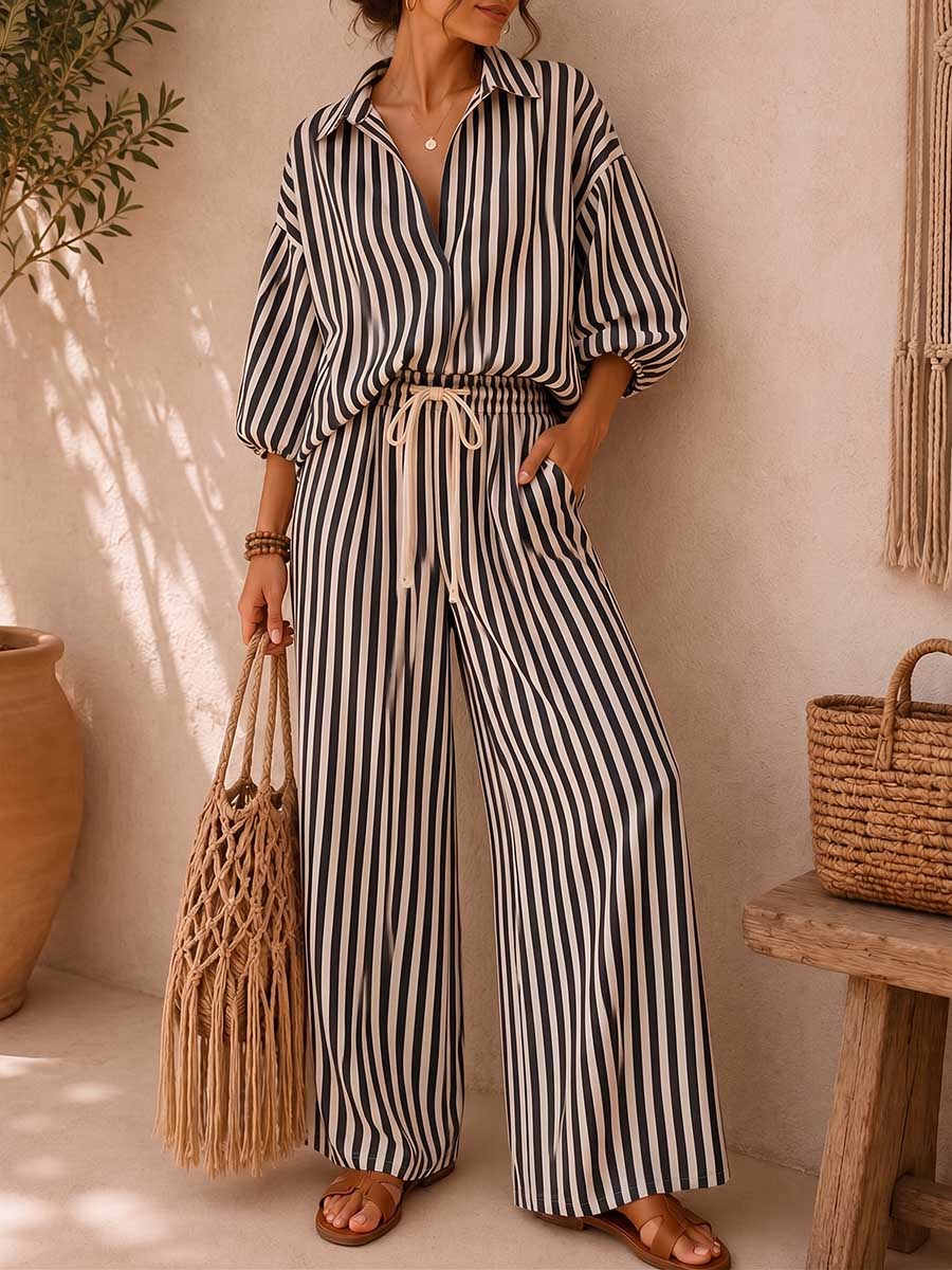 🎁Women's Striped Print Cotton-linen Set: Loose-fit Top With Lapel & 3/4 Sleeves, And High-waisted Wide-leg Pants