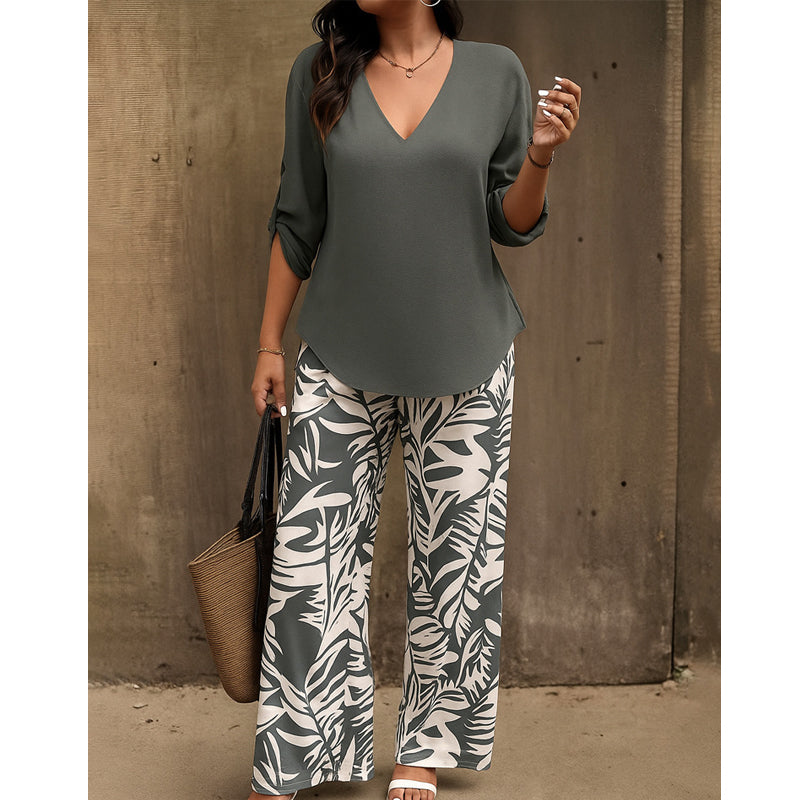 šø Women's V-Neck Blouse & Printed Wide-Leg Pants Set