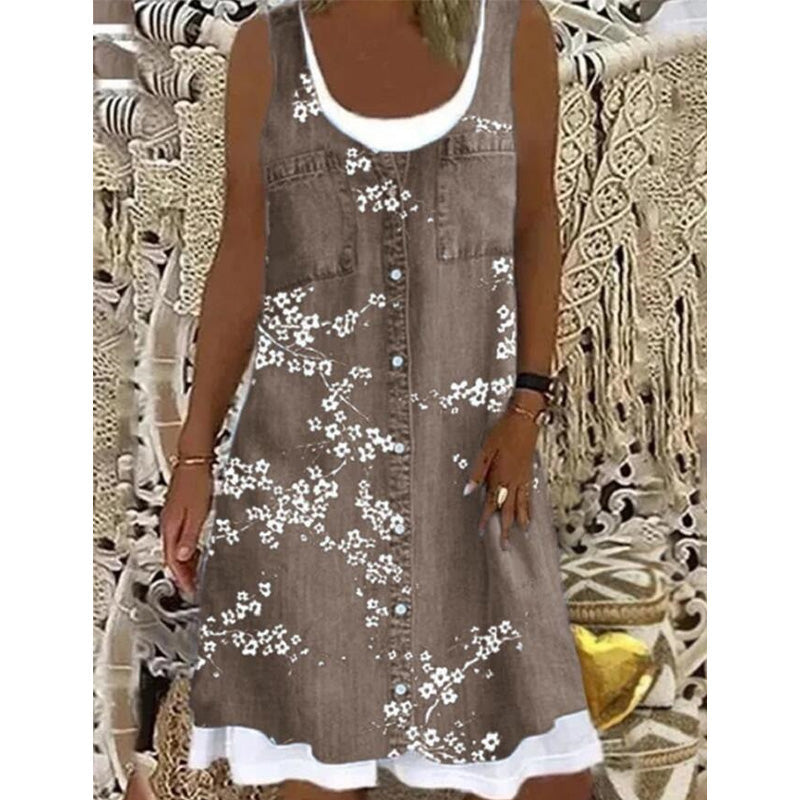⏳Time-Limited Special⏰Women's Faux Two-Piece Denim Print Dress