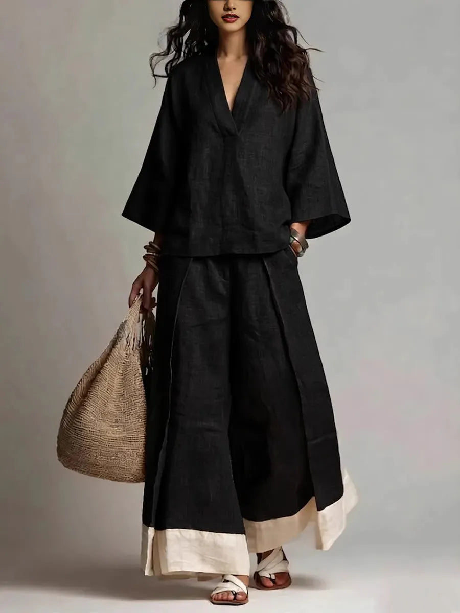 🎁New Arrivals🔥Loose Plus Size Contrast Color Pleated Pockets V-Neck Two Pieces Set