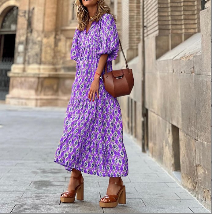 🎁New Arrivals🔥 Puffy Sleeve Floral Pattern Elegant Boho Dress