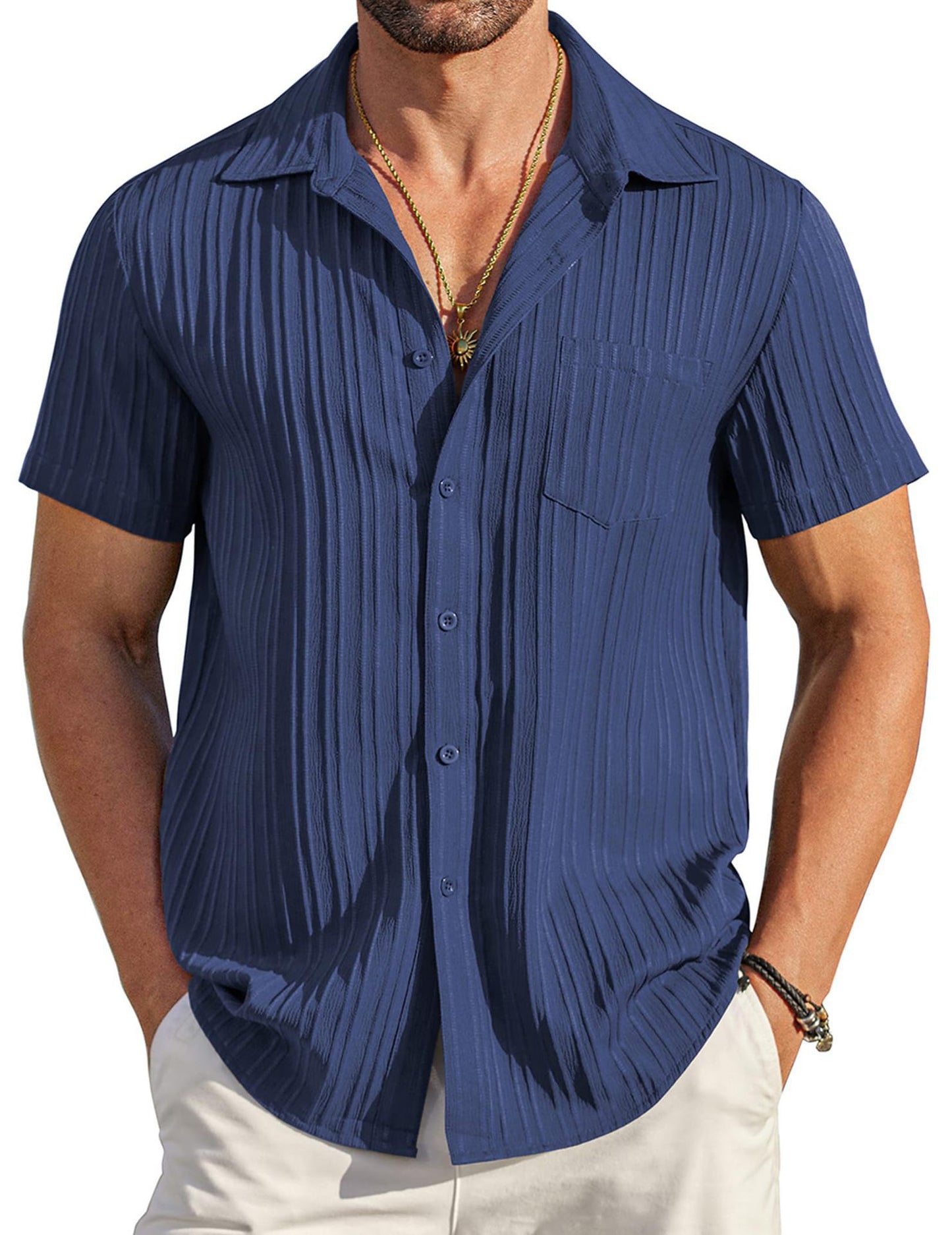 🏆Flash Sale⚡ 80K+ SOLD! Almost Gone-💥Men's Casual Button Down Shirts Short Sleeve Textured Summer Beach Shirt with Pocket
