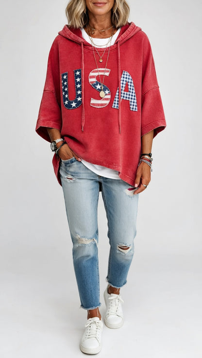 🎁New Arrivals🔥Patriotic Red USA Star Stripe Applique Oversized Hoodie