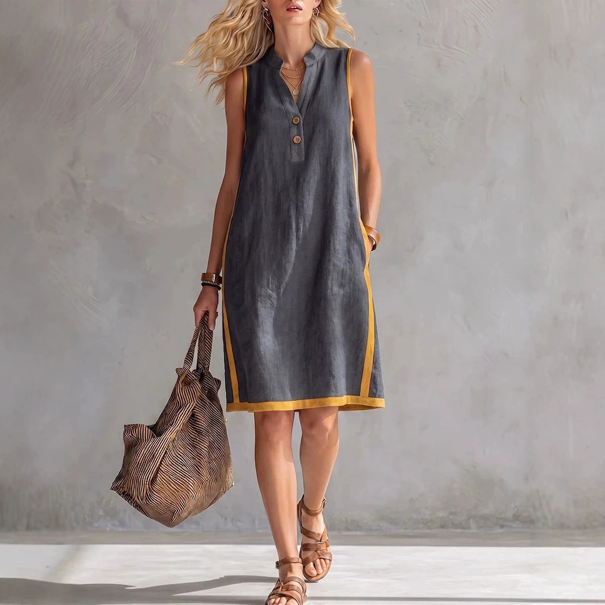 🎁New Arrivals🔥Women's Sleeveless V-Neck Button-Front Pocketed A-Line Midi Dress