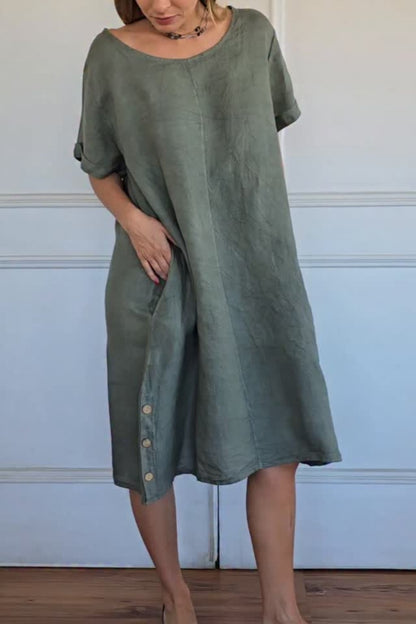 Short-sleeved Round Neck Linen Dress