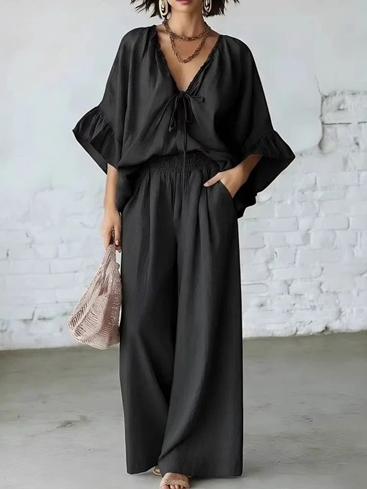 🎁New Arrivals🔥Women's Loose Fitting Batwing Sleeve Ruffled Top Cotton Linen Two Piece Set Travel Outfits