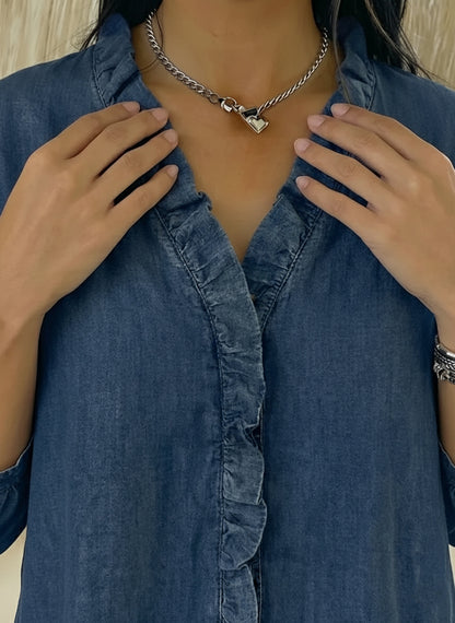 Women's Casual Denim V-Neck Ruffled Shirt | Buy 2 Save 5% | Buy 3 Save 10%