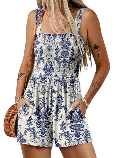 🎁New Arrivals🔥💃Women's Summer Square Neck Sleeveless Loose Casual Short Smocked Romper