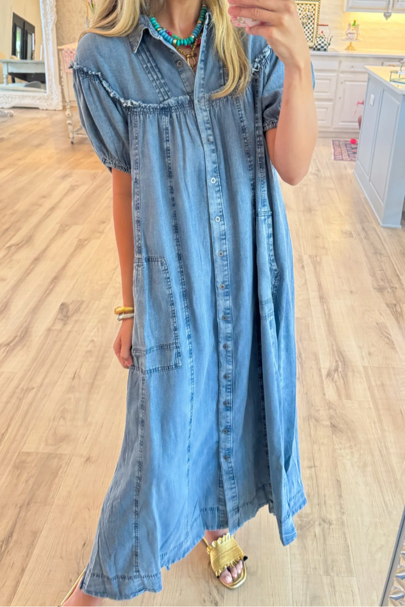 🎁New Arrivals🔥Denim Puff Sleeve Button Down Maxi Dress