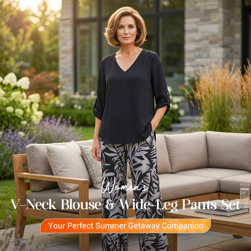 🌸 Women's V-Neck Blouse & Printed Wide-Leg Pants Set