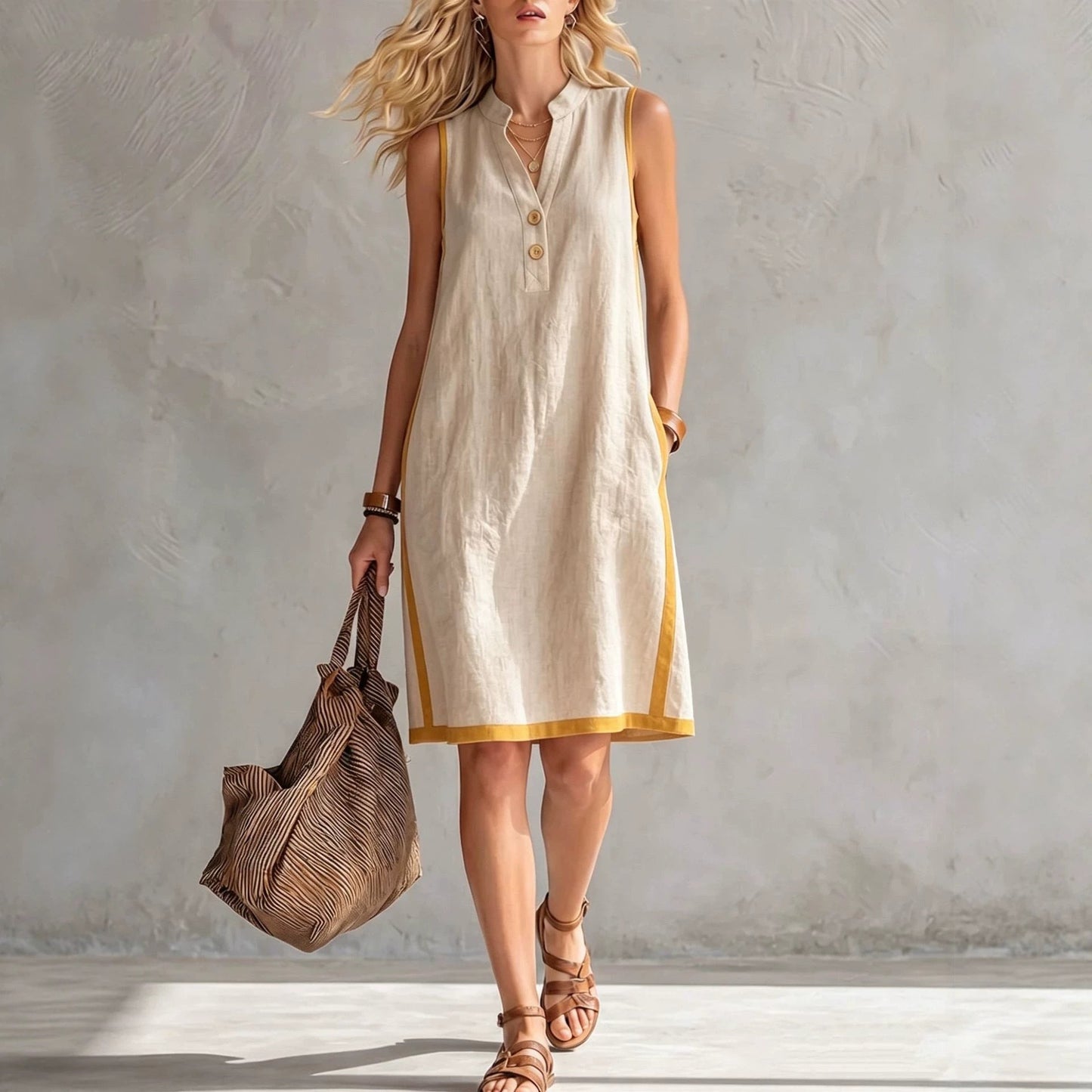 🎁New Arrivals🔥Women's Sleeveless V-Neck Button-Front Pocketed A-Line Midi Dress