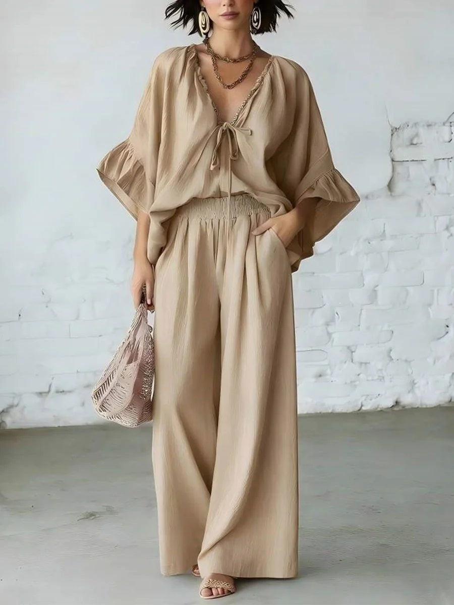 🎁New Arrivals🔥Women's Loose Fitting Batwing Sleeve Ruffled Top Cotton Linen Two Piece Set Travel Outfits