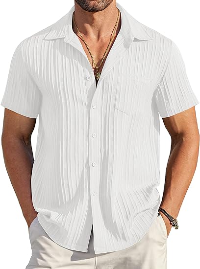 🏆Flash Sale⚡ 80K+ SOLD! Almost Gone-💥Men's Casual Button Down Shirts Short Sleeve Textured Summer Beach Shirt with Pocket