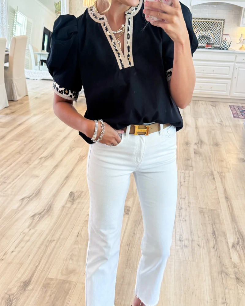 🎁New Arrivals🔥Women's Leopard Contrast Puff Sleeve Top