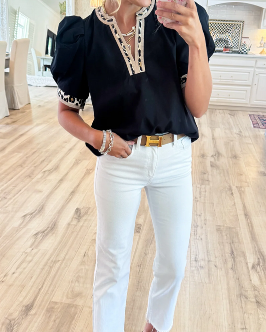 🎁New Arrivals🔥Women's Leopard Contrast Puff Sleeve Top