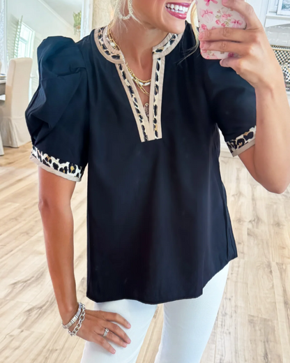 🎁New Arrivals🔥Women's Leopard Contrast Puff Sleeve Top