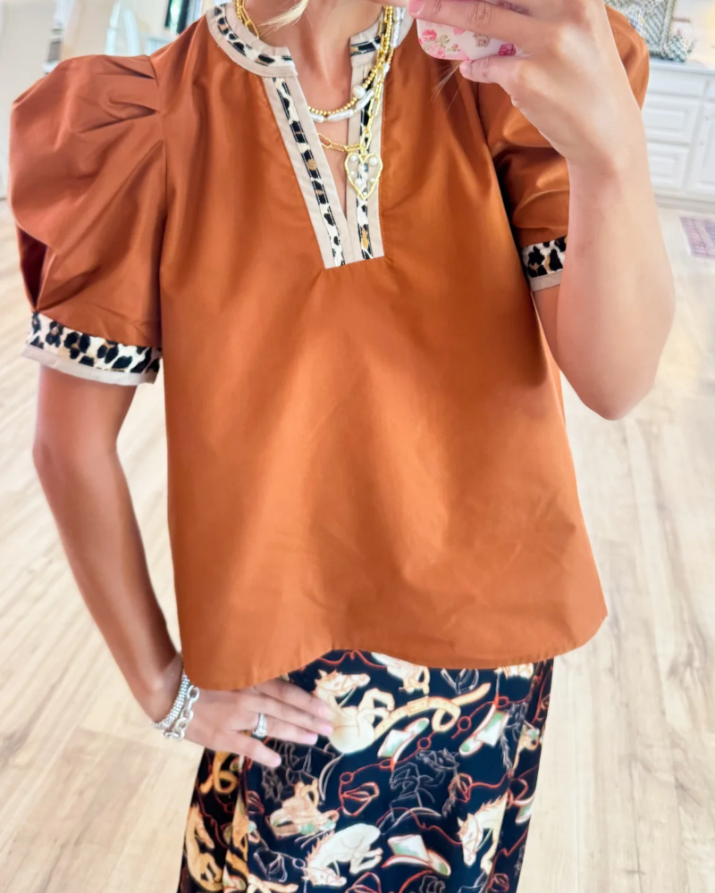 🎁New Arrivals🔥Women's Leopard Contrast Puff Sleeve Top