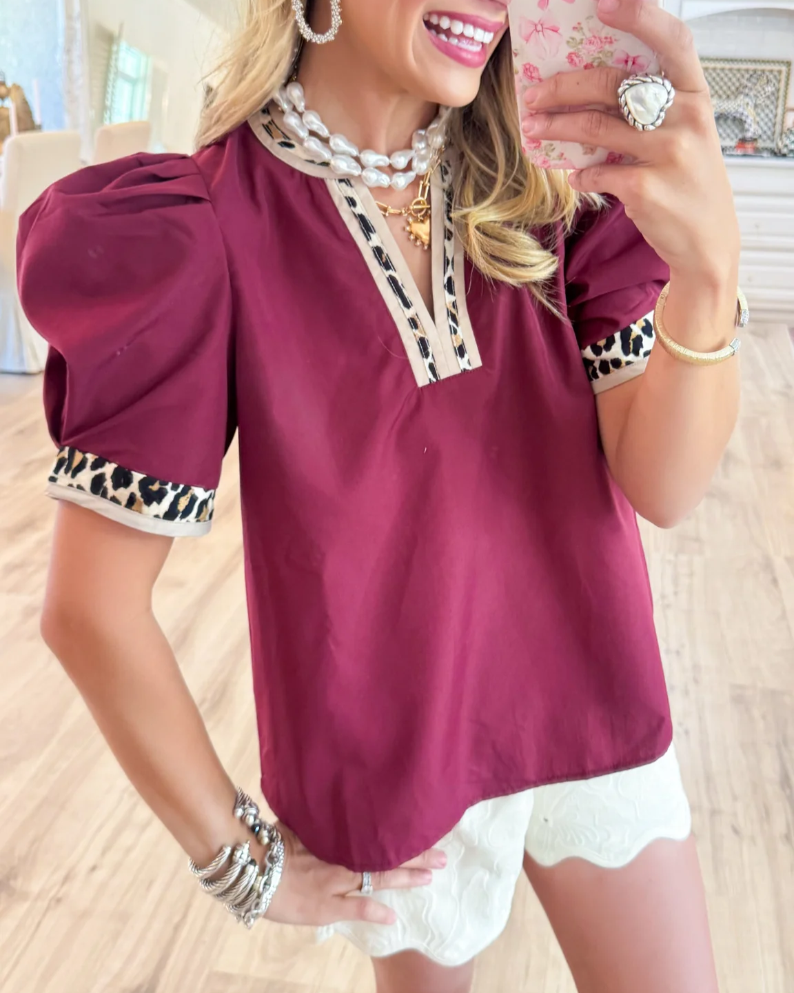 🎁New Arrivals🔥Women's Leopard Contrast Puff Sleeve Top
