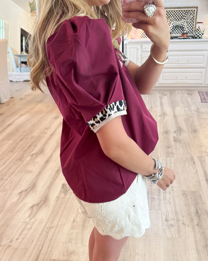 🎁New Arrivals🔥Women's Leopard Contrast Puff Sleeve Top