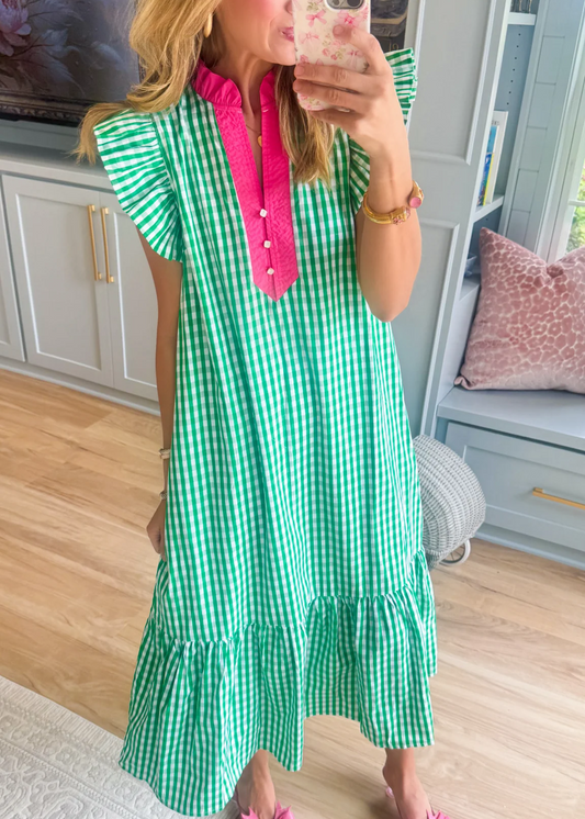 🎁New Arrivals🔥Fresh Chic Gingham Midi Dress with Ruffle Sleeves