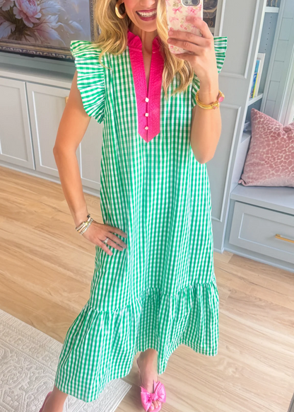 🎁New Arrivals🔥Fresh Chic Gingham Midi Dress with Ruffle Sleeves
