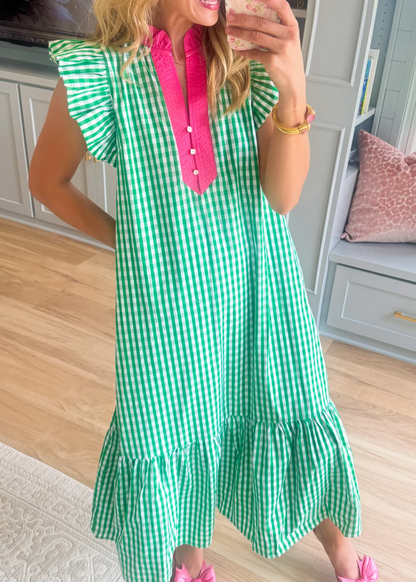 🎁New Arrivals🔥Fresh Chic Gingham Midi Dress with Ruffle Sleeves