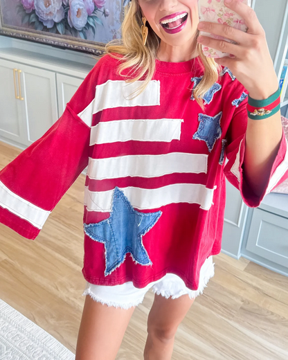 USA Flag Patchwork Oversized Top - Bold Patriotic Statement Tee