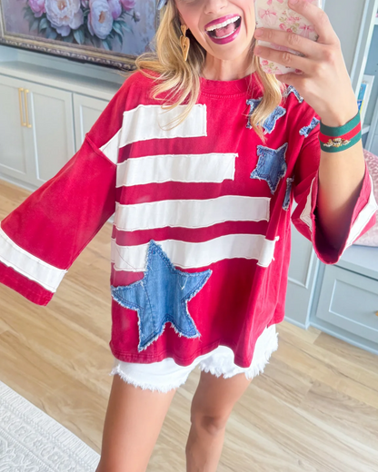 USA Flag Patchwork Oversized Top - Bold Patriotic Statement Tee