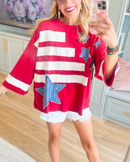 USA Flag Patchwork Oversized Top - Bold Patriotic Statement Tee