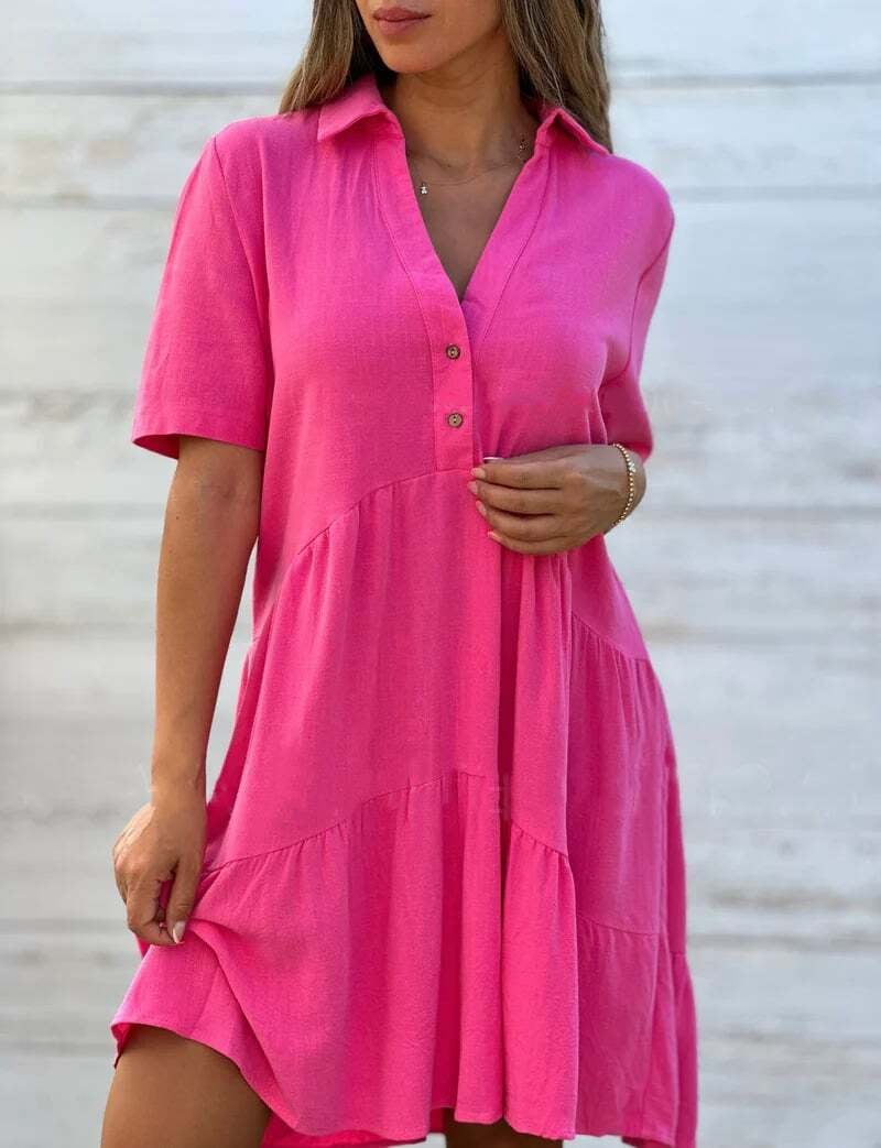🎁New Arrivals🔥Women's Loose Solid Color Lapel Leisure Short Sleeve Cotton Linen Dress