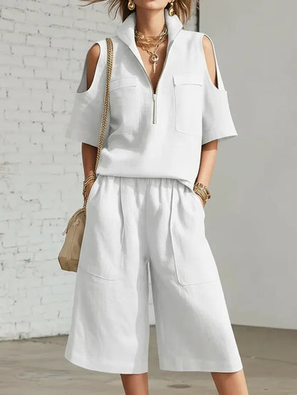 🎁New Arrivals🔥Stand-up Collar Zipper Short-Sleeve Top and Wide-Leg Pants Two-Piece Set