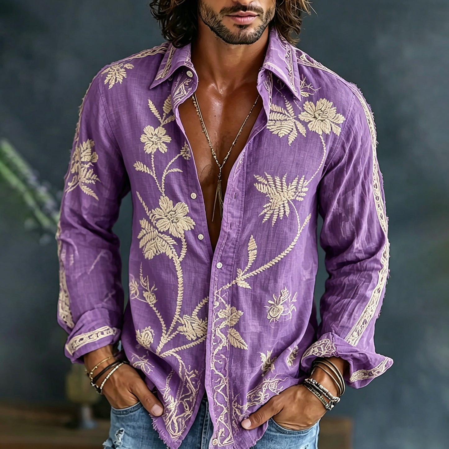 🎁New Arrivals🔥Men's Spring Floral Embroidered Art Print Flowy Linen Blend Casual Shirt