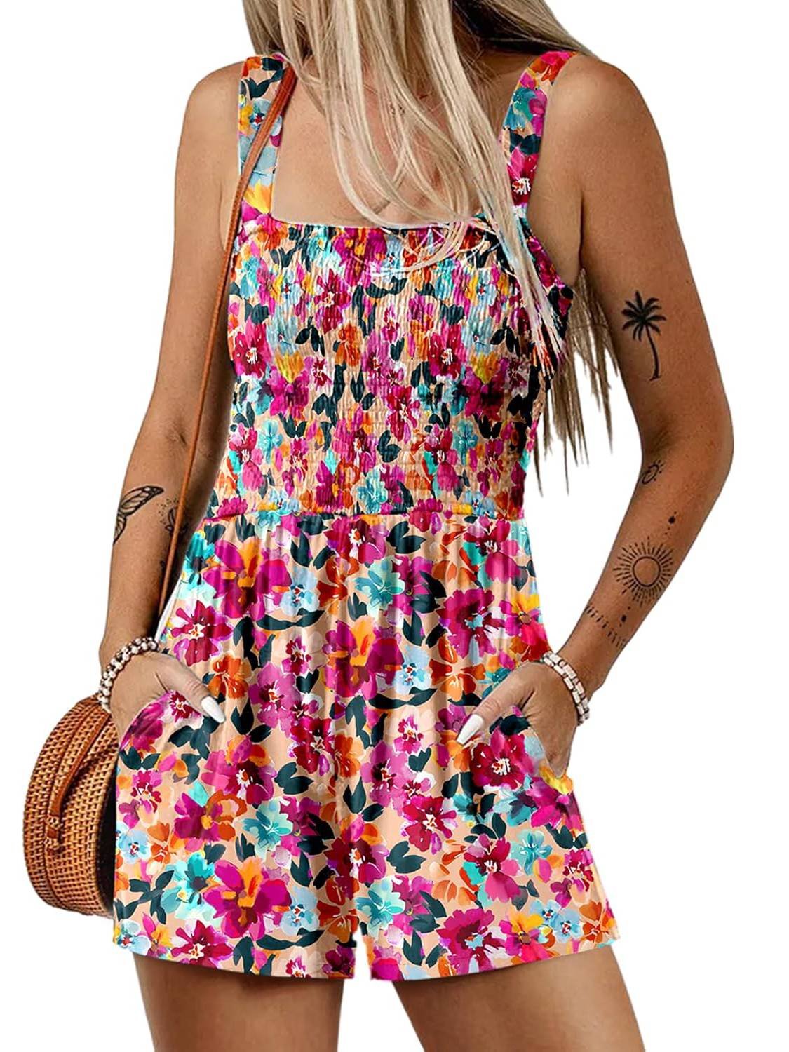 🎁New Arrivals🔥💃Women's Summer Square Neck Sleeveless Loose Casual Short Smocked Romper