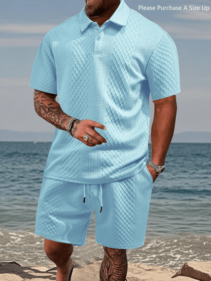 🎁Men's Solid Polo Shirt & Drawstring Waist Shorts Set, Cozy Breathable Two-piece Outfits