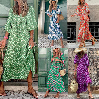 🎁New Arrivals🔥 Puffy Sleeve Floral Pattern Elegant Boho Dress
