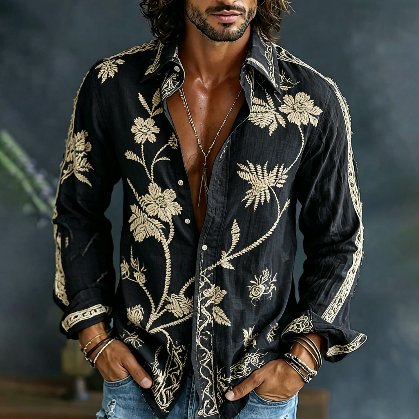 🎁New Arrivals🔥Men's Spring Floral Embroidered Art Print Flowy Linen Blend Casual Shirt