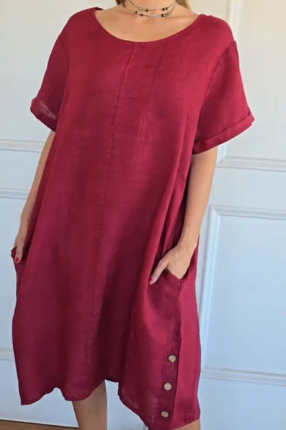 Short-sleeved Round Neck Linen Dress