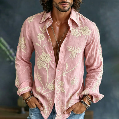 🎁New Arrivals🔥Men's Spring Floral Embroidered Art Print Flowy Linen Blend Casual Shirt