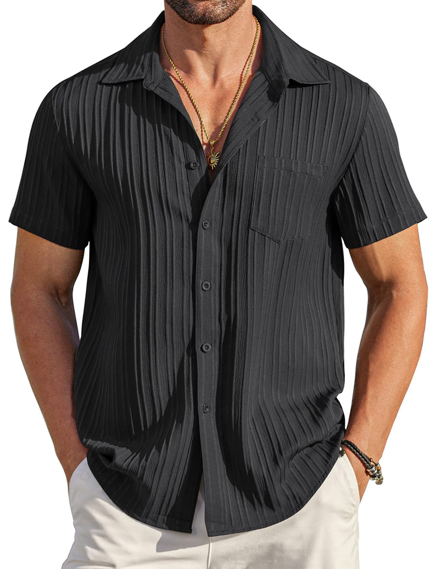 🏆Flash Sale⚡ 80K+ SOLD! Almost Gone-💥Men's Casual Button Down Shirts Short Sleeve Textured Summer Beach Shirt with Pocket