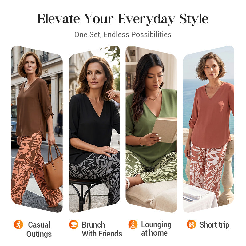 🌸 Women's V-Neck Blouse & Printed Wide-Leg Pants Set