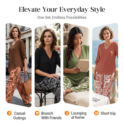 🌸 Women's V-Neck Blouse & Printed Wide-Leg Pants Set