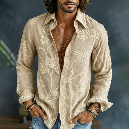 🎁New Arrivals🔥Men's Spring Floral Embroidered Art Print Flowy Linen Blend Casual Shirt